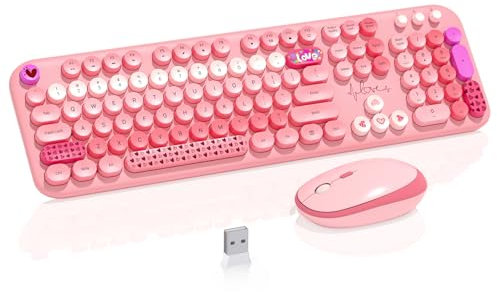 Tastiera wireless 104 Full Size tastiera e mouse colorati con macchina da scrivere retrò per PC/Mac/laptop/tablet/computer/Windows Microsoft tastiera wireless e mouse combo per Windows, rosa