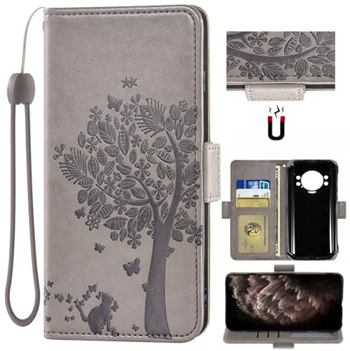 Auotu Custodia with protezione della lente Case PU Pelle Flip Magnetica Custodiar Portafoglio Cover Per Doogee S118 / DOOGEE S Cyber/S Cyber Pro Smartphone (Grigio with albero pattern)