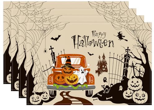 Bonhause Kürbis LKW Halloween Tischsets 4er Set, Ghost Spooky Fledermaus Platzsets Waschbar Platzdeckchen für Küche Tisch Dekoration Drinnen Urlaub Party Dekor 30x45cm