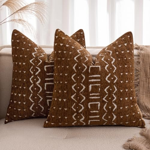 MIULEE 2er Kissenbezug 40x40 H-Braun Chenille Boho Kissenbezüge Kissenhülle Sofakissen dekokissen zierkissen Elegantes Design für Couch Sofa Wohnzimmer