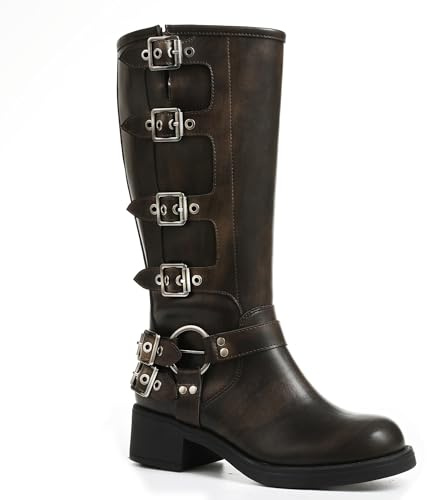AMINUGAL Brown Knee High Boots Women Square Toe Pull On Wide Calf Moto Riding Festival Fashion Buckles Chunky Metallic Casual Vintage Buckle Rivet Size 9.5