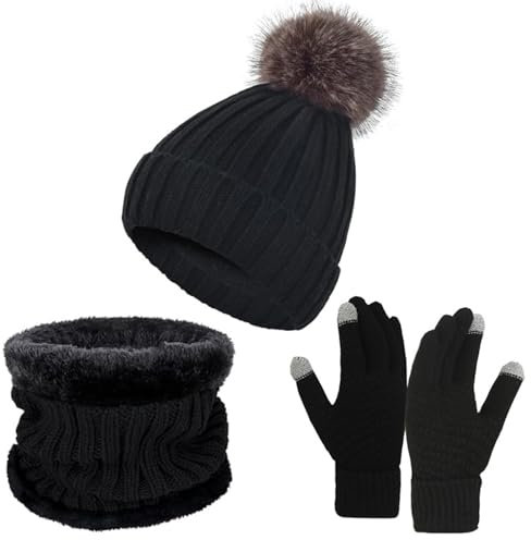 SRZYMJ BK2 Wintermütze Schal Handschuhe Set， Winter Warm Mütze Loop Schal und Handschuhe Set für Herren und Damen, Wintermütze Strickmütze Beanie Schlauchschal Winterhandschuhe Strickhandschuhe