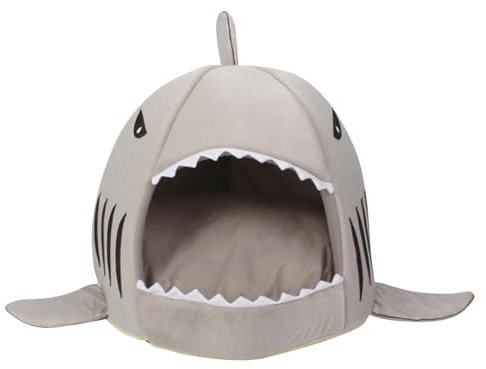 2 in 1 Katzenhöhlen Faltbar Katzenbett Hai Shark Katzenhöhle Katzenbett Flauschig, Kuschelhöhle für Katzen Kätzchen Hund, Katzenschlafplatz Katzenbett Flauschig für Drinnen (Grau, 50x48cm)