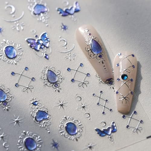 JMEOWIO 3D Nagelsticker Blauer Nail Art Sticker Selbstklebend Nagelaufkleber 5D Stereoskopisch Mondstern Dekoration Nageldesign Zubehör 1 Blatt