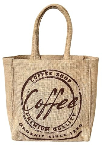Domelo Jute Handtasche kleine Tote Bag vegane Einkaufskorb Naturfarbe Geschenktasche mini Tragetasche Jutetasche Korb mit Aufdruck Damen Tasche nachhaltige Shopper Jutebeutel