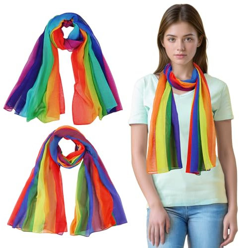 DTOFOOT 2 Stück Chiffon Regenbogen Schals für Damen, 2 Stile Bunt Dünne Schal Pride Schalcape Shawls Wraps LGBT Regenbogenstreifen für Partys Feiern Parade Partyzubehör Accessoires Geschenke