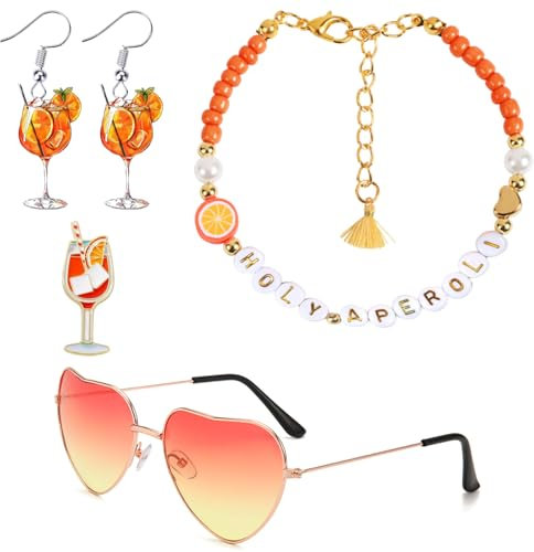 Scinzene Aperol Geschenk Set für Frauen – 4teiliges Accessoirespaket mit Armband, Ohrringen, Dekoabzeichen und Brille – Stylische Geschenke für Apero Deko, Sommer Geburtstag Party