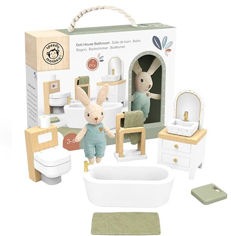 SPEEDY MONKEY Wooden Dollhouse Bathroom Playset with Bunny for Pretend Play | Miniature Bathroom Furniture Set with Bathtub, Sink, Toilet & Mirror | for Kids Ages 3+