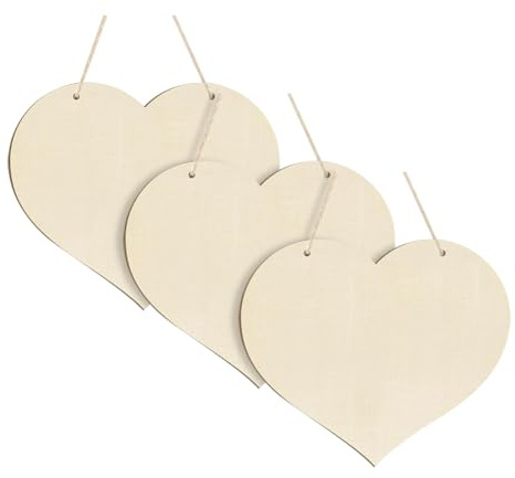 HugeDE 3 Pcs 30cm Heart Shaped Wooden Cutouts Wood Hanging Ornament to Paint Valentine's Day Wood Cutouts Large Blank Craft Wood Slices Unfinished Wood Embellishments with Natural Twines