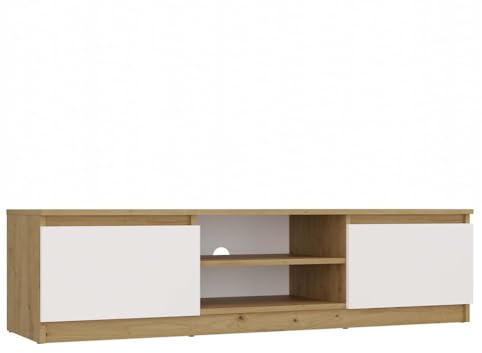 CDF Fernsehtisch – Fernsehschrank mit Kabelführung und Push-to-Open Fronten – 140 cm TV-Lowboard für Wohnzimmer Schlafzimmer – Platz für Deko Pflanzen Geräte - Eiche Artisan Weiß RTV140