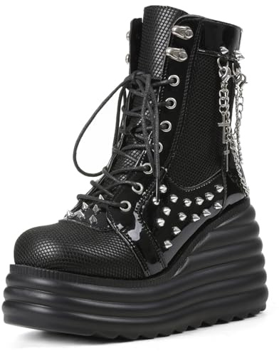 Lyrisiphy Black Platform Goth Ankle Boots Women Rave Gothic Combat Booties | Chunky Wedge Heel Boots with Punk Chain & Stud, Lace Up & Side Zipper Mesh Closure Shoes for Festival Concert Cosplay Party