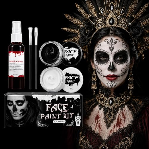Halloween Schminke Schwarz Weiß Set, SFX Make up mit Kunstblut, 5-tlg. | Auf Wasserbasis, 20g Schwarz-Weiß Farbe, 25g Kunstblut, 2 Pinsel, hochdeckend, für Halloween, Fasching & SFX Cosplay