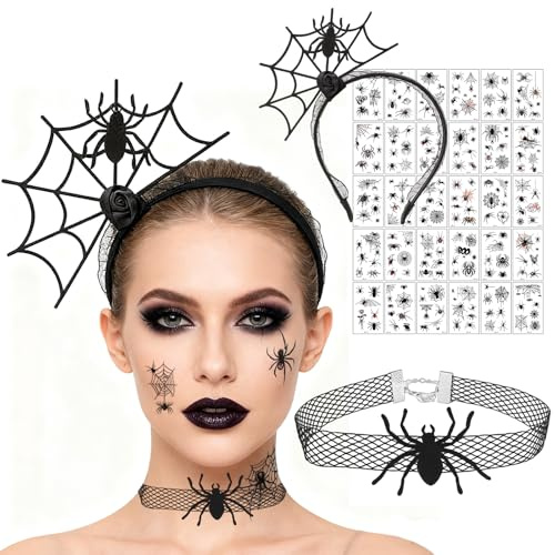 BaiDekun Halloween Spinnen Kostüm Set Damen – Netzstrumpfhose Schwarz & Spinnennetz Haarreif – Gothic Hexe Zubehör für Halloween, Fasching & Karneval