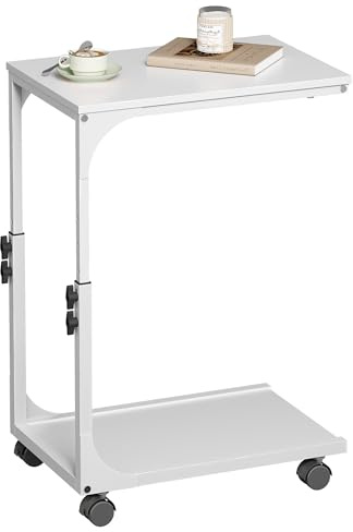 WLIVE C-Form Beistelltisch mit Rollen, Nachttisch Sofatisch Wohnzimmer Weiß | Höhenverstellbar 54‑66 cm, feststellbare Rollen, 2‑Ebenen‑Ablage, stabiler Stahlrahmen, platzsparend, einfache Montage