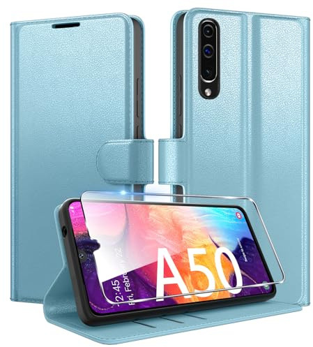 Coiwxmoi für Samsung Galaxy A50 Hülle Mit 1 Stück Panzer Schutz Glas, Wallet Premium PU Leder Handyhülle, Standfunktion Schutzhülle Kartenfach Stoßfeste Klapphülle Flip Case Cover Blau