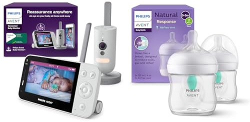 PHILIPS Avent Connected Baby Monitor with WiFi, HD Camera, Cry Detection, Model SCD951/26 Avent Natural Response Baby Bottle - 2X 125ml Baby Milk Bottle with AirFree Vent, Model SCY670/02