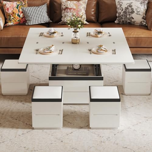 Miuuod 120 cm Lift-Top Couchtisch mit Stauraum - Verwandelbar in Esstisch mit 4 Hockern und Sicherheitsglasplatte