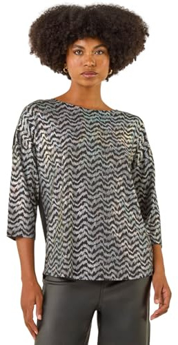Roman Originals Stretchy Top for Women UK - Ladies Jersey Blouse Smart Casual Tunic Work 3/4 Length Sleeve Round Neck Boat Neckline Flattering Autumn Winter - Metallic Silver - Size 14