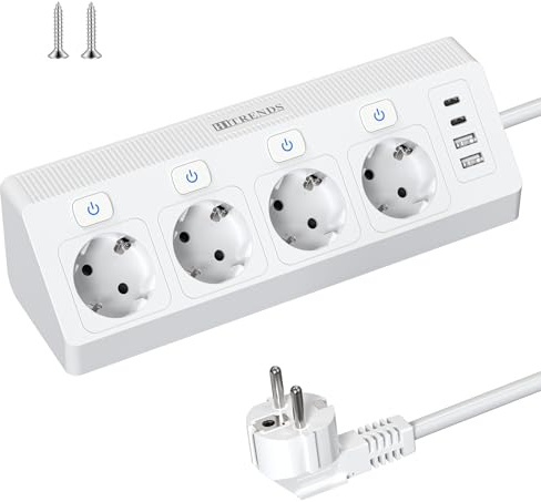4 Fach Ecksteckdosenleiste mit Einzeln Schaltbar, Tischsteckdose mit 2 USB C und 2 USB A, Überspannungsschutz 3680W 16A, Schreibtisch Steckdose, Steckdosenleiste Wandmontage, für Hause, 2M Weiß