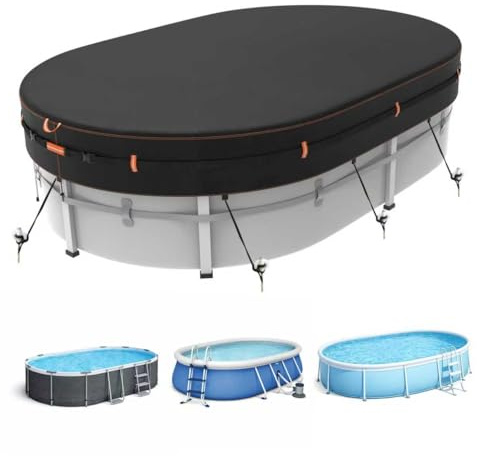 Neuradical Copertura per piscina ovale 500D per piscine fuori terra, copertura per piscina robusta e resistente agli strappi con cordino di chiusura, cinghia rinforzata e picchetti da terra