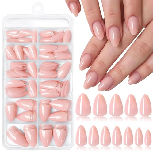 LunarCharm 240 Pieces Artificial Almond-Shaped Press-On Nails, Short Acrylic Full Cover Nails for Women and Girls, 12 Sizes, Nude Pink