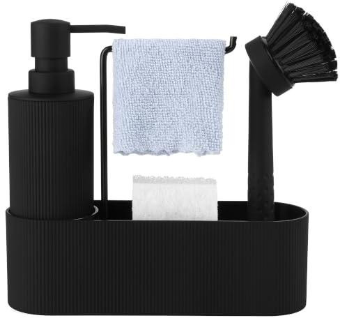 GAHEFY Seifen und Spülmittelspender Set für Küchen mit Seifenspender Spülbürste Schwamm Spültuchhalter, Badezimmer Seifenspender Set für Bad, Küchen Organizer Spüle Schmal (Schwarz)