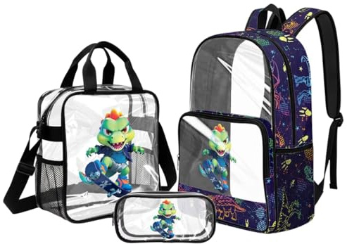 UOIMAG Mochila transparente y lonchera para niñas de 6 a 8 años, bolsa de libros de gran capacidad para eventos escolares y estadios, Patineta Dino, L, Casual