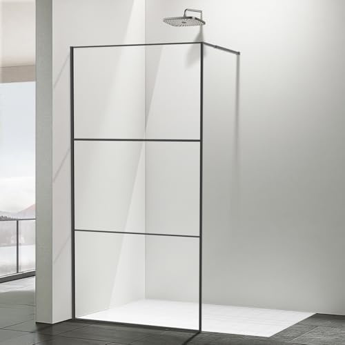 Monucep Cabine de douche walk-in 100 x 200 cm Noir, Paroi de douche en verre avec verre de sécurité ESG de 5 mm, design à cadre tripartite, cadre en aluminium, séparation de douche pour douche au ras