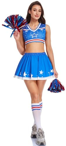 LyCosLynen Women‘s Blue Cheerleader Costume Coat Vest Skirt Ladies Cheerleading Outfit with Stockings Cheer Outfit for Halloween Football Game Party
