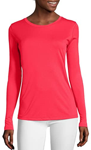 Hanes Damen Cool Dri Long Sleeve Performance T-Shirt, Moisture-Wicking Tee, 40+ UPF Protection, 1 Or 4 Pack Hemd, Neon-Pink, Mittel