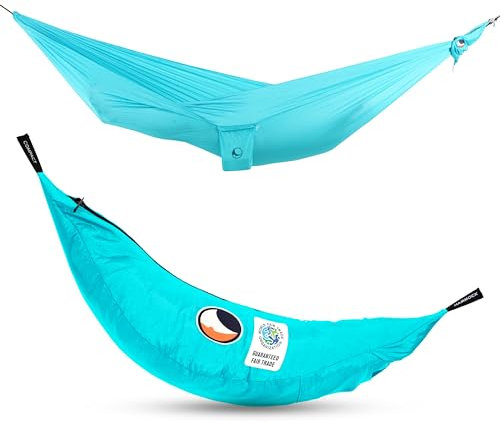 Ticket to the Moon Fair Trade & Artisanal Compact-Hamac Turquoise pour Voyages, Camping, Jardin, Maison, 3.2 * 1.55m, 480g, Durable Nylon en Soie De Parachute, Installation < 1min