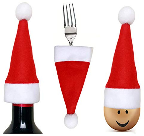 NUOBESTY 18 Stücke Mini Weihnachtsmütze Besteckbeutel Besteckhalter Weihnachten Tischdeko Weihnachtsmann Bestecktasche Kleine Nikolausmützen Weinflasche Abdeckung Lutscher Mütze