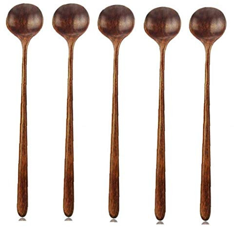 CULER 5Pcs Long Spoons Wooden Korean Style 10.9 Inches Natural Wood Long Handle Round Spoons for Soup Cooking Mixing Stirr