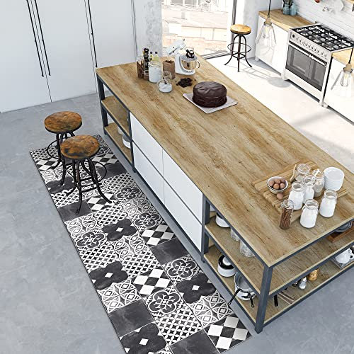 CREARREDA Tapis de Cuisine antidérapant Carreaux de Ciment en Ardoise 240x50 cm Tapis de Protection de Sol en Vinyle 100% fabriqué en Italie, avec Encre Non Toxique, Ignifuge et résistant à l'eau
