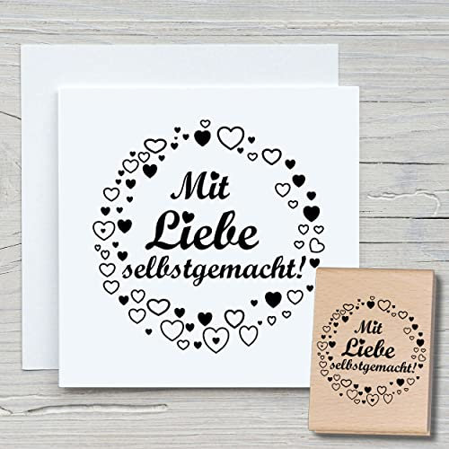 NEWSTAMPS Stempel Mit Liebe selbstgemacht rund Motivstempel groß aus Holz & Gummi zum Karten basteln, Holzstempel, Sprüche, Spruchstempel, Textstempel, Schrift, Scrapbook, Textilstempel, Deko