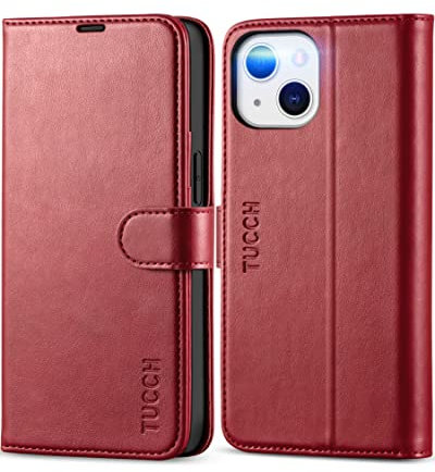 TUCCH Hülle für iPhone 13, iPhone 13 Schutzhülle RFID-Sperrung [stoßfest] [Magnetverschluss] [Kartenfach] [TPU] Handyhülle klappbar kompatibel mit iPhone 13 (6,1 Zoll) Dunkelrot