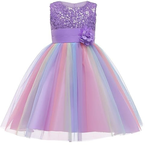 Ragazze Principessa Abito Paillettes Tulle Fiore Arcobaleno Colletto Rotondo Senza Maniche Abito Formale Festa di Compleanno Matrimonio Damigella d'Onore Ragazza Abiti da Sera per 3-9 Anni (Viola)