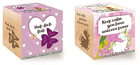 Feel Green 296657 Celebrations Ecocube, Herzblattklee/Love Plant, Holzwürfel Mit Lasergravur «Hab Dich Lieb» & 296725 Grow Your Own Einhornbohne, «Keep Calm, You Have Unicorn Power»