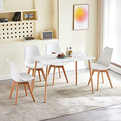 FURNITABLE Essgruppe 5-teilig | Küchentisch-Set | Esszimmertisch mit 4 Weißer Stühlen | Esszimmergruppe für Esszimmer Küche Wohnzimmer | Marmor Tisch