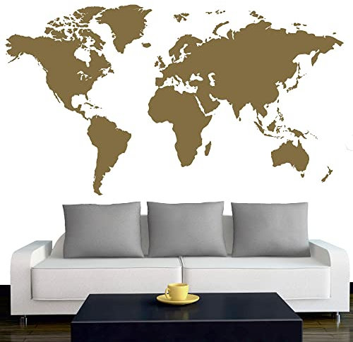 INDIGOS UG - Wandtattoo Wohnzimmer - Wandaufkleber Weltkarte - Atlas - 170x96 cm - Gold - Aufkleber Kinderzimmer Schlafzimmer Küche Badezimmer Büro Dekoration