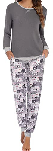 Ekouaer Pigiama per Donna Pigiama Donna Lungo Leggero Girocollo Maniche Lunghe Pigiama Due Pezzi Donna a Tasche Laterali