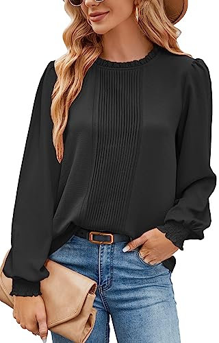 Odosalii Bluse Damen Schwarz Langarm Herbst Oberteile Klassisch Plissee Vorne Shirts Elegant Musselin Blusen Lose Freizeit Arbeitsshirt