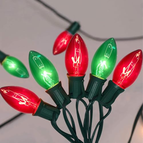 Weihnachtslichterkette mit 27 klaren rot-grünen Glühbirnen (2 Ersatz), hängende Weihnachtsbeleuchtung für den Außenbereich, 7,6 m, C9, Vintage-Stil, Weihnachtsbeleuchtung für Hinterhof, Abschlussball