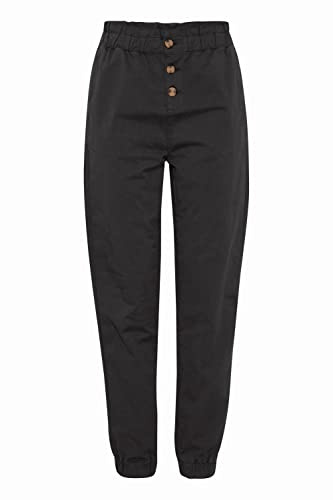 OXMO OXCOBIE Damen Hose Stoffhose Baumwolle mit Stretch Paperbag Hose mit elastischem Bund und Knopfleiste High-Waist Loose-Fit, Größe:S, Farbe:Black (194007)