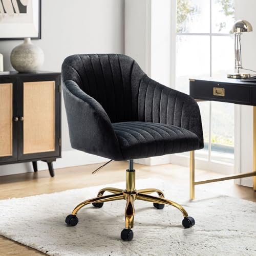 HULALA HOME Velvet Home Desk Office Chair Modern Cute Computer Task Rolling Wheels Swivel Height Adjustable Upholstered Vanity Chairs for Men Women Girls(Gold Base, Black)