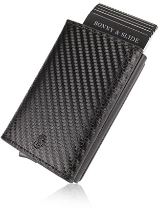 BONNY & SLIDE Kartenetui mit RFID Schutz – Magnet Card Holder Wallet Slim - Karten Portemonnaie - Kreditkartenetui Geldbeutel - Geldbörse Damen und Herren - Mini Portmonee Carbon/Schwarz