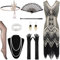Panngu 1920er Kleider Damen 20er Jahre Accessoires, Charleston Kleid Perfektes Faschingskostüm, Fransen Kleid V-Ausschnitt Pailletten Perlen Fransen Kleid (Schwarz+Gold) XL