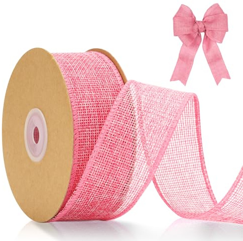 jijAcraft 4CM Pink Wired Burlap Ribbon: 10m Wired Hessian Ribbon Roll Natural Hessian Ribbons Rustic Burlap Ribbons for Gift Wrapping, Bows, DIY Crafts, Wedding, Christmas Decoration