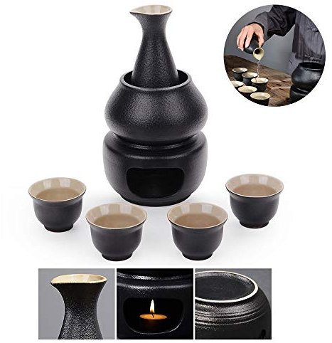 OQHAIR Juego de Sake Tradicional de cerámica Caliente Kawasaki, 7 Piezas, Incluye 1 hornillo para Velas, 1 Taza, 1 Taza de Sake y 4 Tazas de Sake