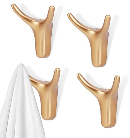 FORNORM 4 Stück Garderobenhaken Gold, Doppelt Wandhaken Mit 4 Sockeln 8 Schrauben, Aluminium Kleiderhaken Gold, Moderne Haken Garderobe Gold Für Küche, Wohnzimmer, Schlafzimmer, Badezimmer